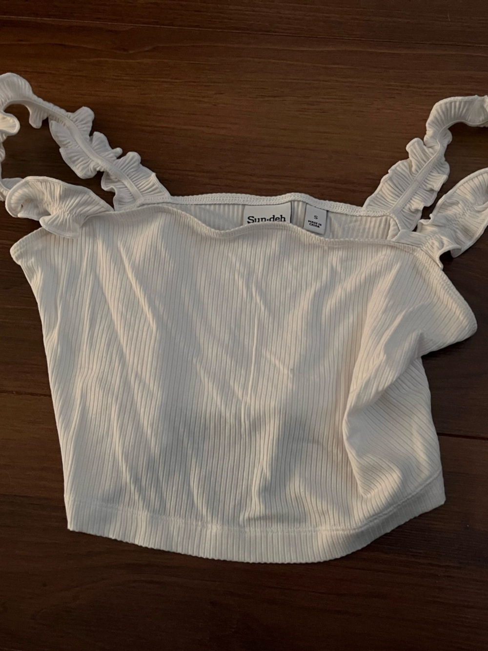 Aritzia Sun-deh White Ribbed Ruffle-Strap Crop Top